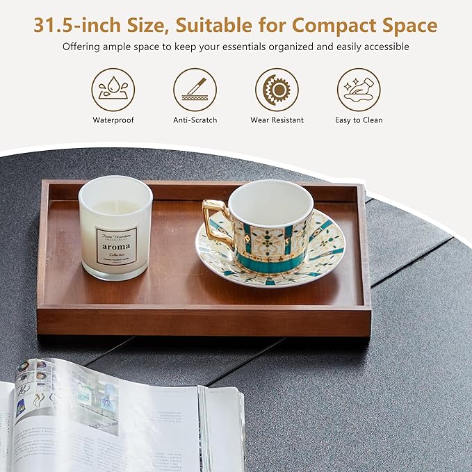 33" Round Coffee Table with Lift-Top & Flip-Top Storage, Modern Accent Fluted Coffee Tables with Metal Frame, Wooden Circle Center Table for Living Room Small Space Apartment Office (Black)