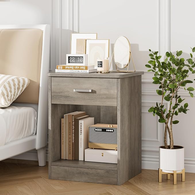 FOTOSOK Nightstand Set of 2, 2-Tier Side Table with Drawer and Storage Shelf, Bedside Table End Table, Modern Night Stand for Bedroom, Home Office,Vintage Grey - Image 7
