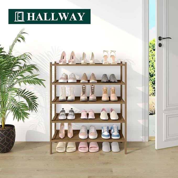 Smiry Bamboo Shoe Rack, 5 Tier Shoe Organizer for Entryway & Closet, Stackable Free Standing Storage Shelf for Shoes, Bags & Plants, Walnut - Image 4
