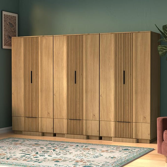 Yechen 67" Fluted Armoire Wardrobe Closet Set of 3 with Doors and Drawer, Wooden Wardrobe Closet Cabinet with Adjustable Shelve, Modern Small Armoires Storage Clothes, Coats for Bedroom, Natural, 3pcs