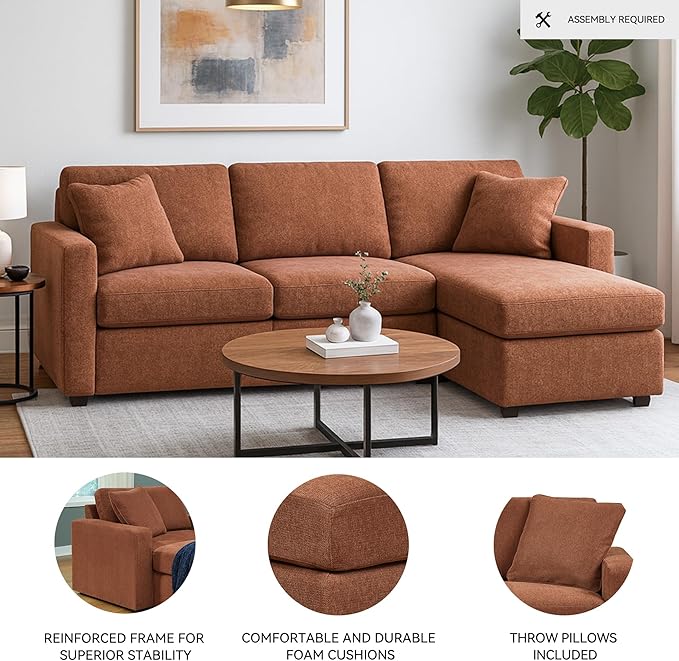 Signature Design by Ashley Modmax Urban L-Shaped Modular Stain Resistant 3-Piece Sectional with Chaise, Reversible Cushions and 2 Accent Pillows, Orange
