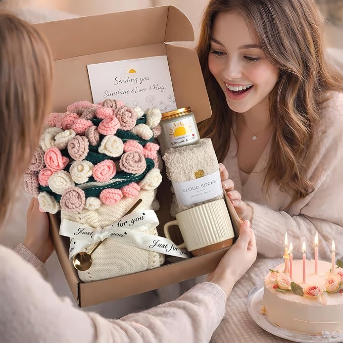 Get Well Gifts for Women, Flower Bouquet Blanket Gift Baskets, Care Package, Self Care Gifts, Thinking of You Gifts for Her Wife Mom Female Friends, Birthday Gifts for Women (Vintage Rose Mix)