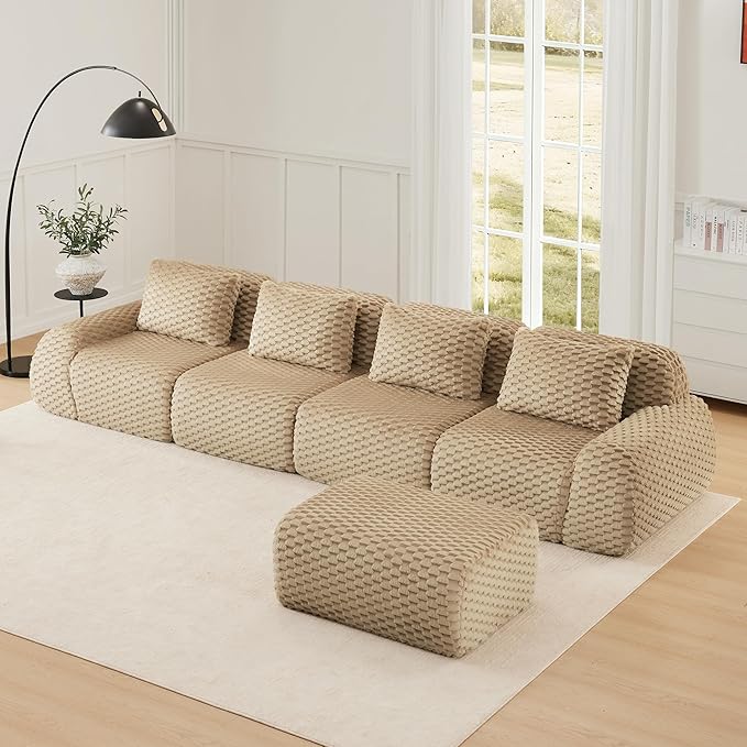 146" L-Shaped Compressed Sectional Cloud Sofa, Flannel Upholstered Modular Deep Seat Sofa with 5 Pieces, Modern Floor Boneless Foam Modular Cloud Couches for Living Room
