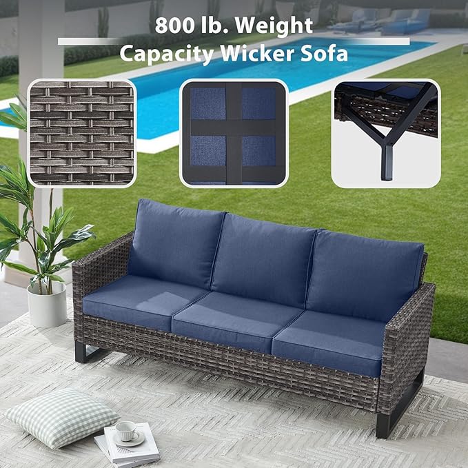 5 Piece Wicker Patio Furniture with Fire Pit Table - Outdoor Conversation Set with 50,000 BTU Fire Pit, All Weather Rattan Patio Set for Deck Backyard Garden - Grey Wicker Blue Cushion