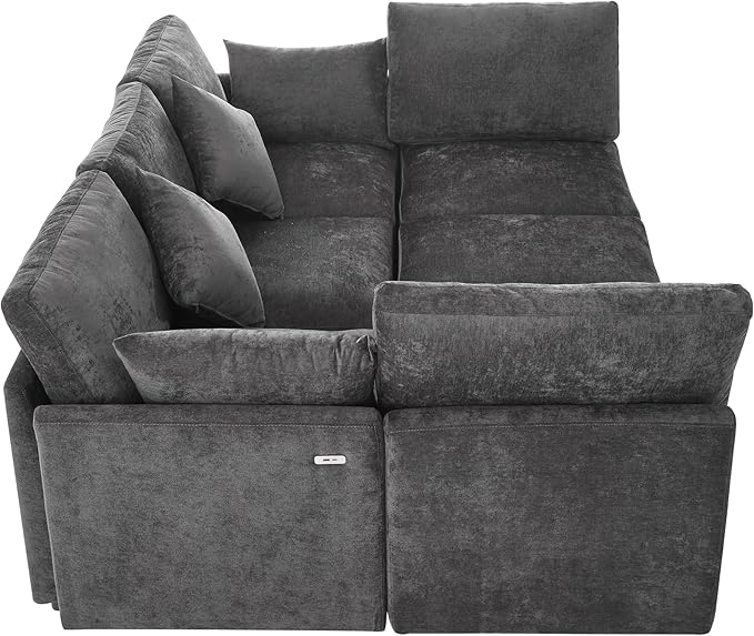 Eafurn 6 Seater Reversible Modular Sectional Sofa Convertible Sleeper Couch Bed, Free Combination Chenille Upholstered Corner Sofa Couches with USB Ports and Detachable Cushions (Black)
