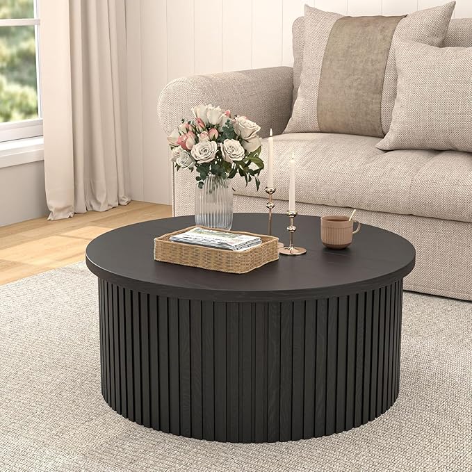 Lift Top Coffee Table with Storage, Round Coffee Tables for Living Room, 34.6In Farmhouse Fluted Coffee Table, Wood Center Table with Large Hiddern Storage Compartment (Black)