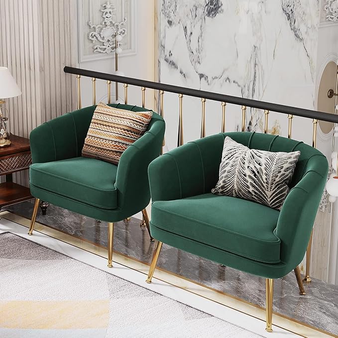 Andeworld Velvet Accent Chair Set of 2, Upholstered Modern Single Sofa Side Chair,Comfy Barrel Club Living Room Armchair with Golden Metal Legs for Bedroom Living Reading Room Office, Green