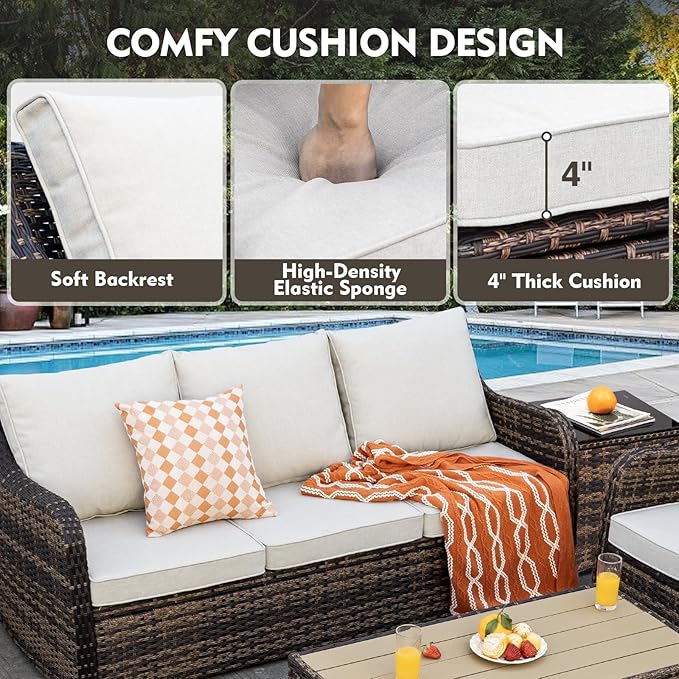 MEISSALIVVE 8 Pieces Patio Furniture Set with Swivel Rocking Chairs, Patio Conversation Set with Dining Table, Patio Dining Set with Waterproof Cushions for Lawn Backyard Porch (Brown)