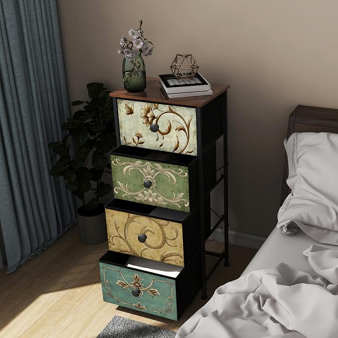 Tohomeor Small Dresser for Bedroom with Retro Flower Narrow Drawers Slim Chest of Drawers Skinny Nightstand Sofa End Table for Living Room Entryway Closet Storage (Multi, 4 Drawers) - Image 4