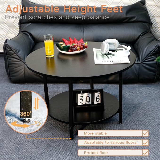Coffee Table, 27.6“ Circle Coffee Tables for Living Room, 2 Tier Round Coffee Table with Storage, Wood Accent Center Floor Table for Bedroom, Industrial Home Office, Elegant Gray