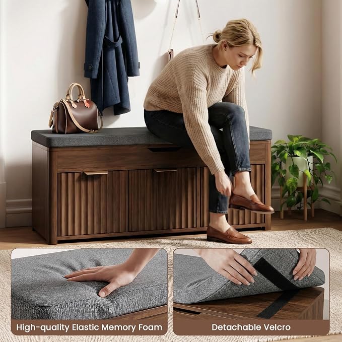 Shoe Bench with Storage - Lift Top Entryway Bench with Hidden Storage, Shoe Rack with Adjustable Shelves and Cushioned Seat, Wooden End of Bed Bench for Bedroom, Living Room and Hallway,Walnut - Image 6