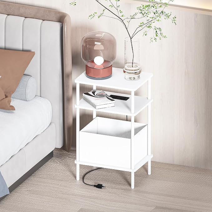 Small Side Table with Charging Station, End Table for Small Spaces, Slim Nightstand with Outlet,Sofa Beside Table, 3-Tier Storage Shelf,Living Room, Bed Room, Natrual White - Image 2