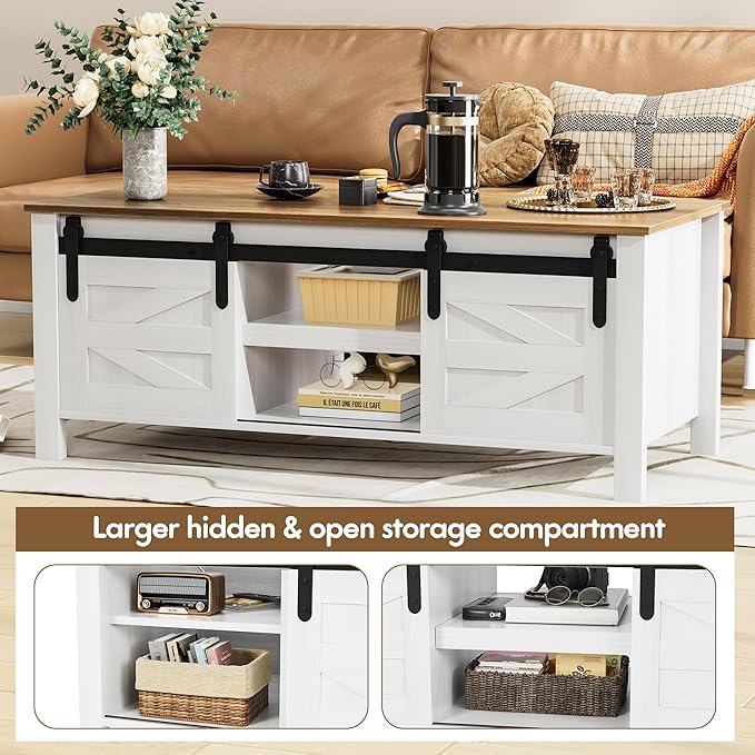 JUMMICO Farmhouse Coffee Table with Storage & Sliding Barn Doors, Modern Rustic Living Room Table with Adjustable Shelves, Wooden Rustic Center Table for Living Room (Antique White)