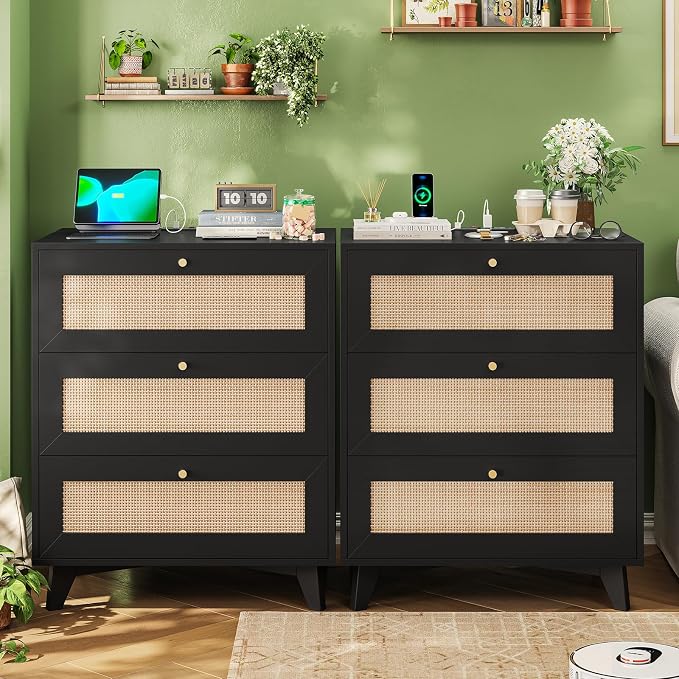AOGLLATI Rattan Nightstand with Charging Station, Night Stand with 3 Drawers and 2 USB Ports and 2 AC Outlets, Rattan Black Bedside Table with Metal Handle, Wood Boho End Table for Bedroom - Image 3