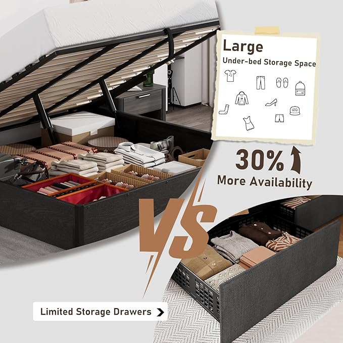 LUXOAK 3 Pieces Bedroom Sets, Includes Full Size Lift Up Storage Platform Bed Frame, 2 Drawers Farmhouse Nightstand Set of 2 with Charging Station, No Box Spring Needed, Black