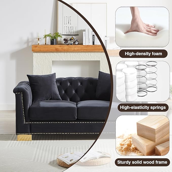 KEIKI 62" Chesterfield Sofa, Retro Style Upholstered 2 Seat Sofa, Rolled Arm Tucked-in Nailhead Decor Cloud Couch for Living Room Bedroom Office, Black