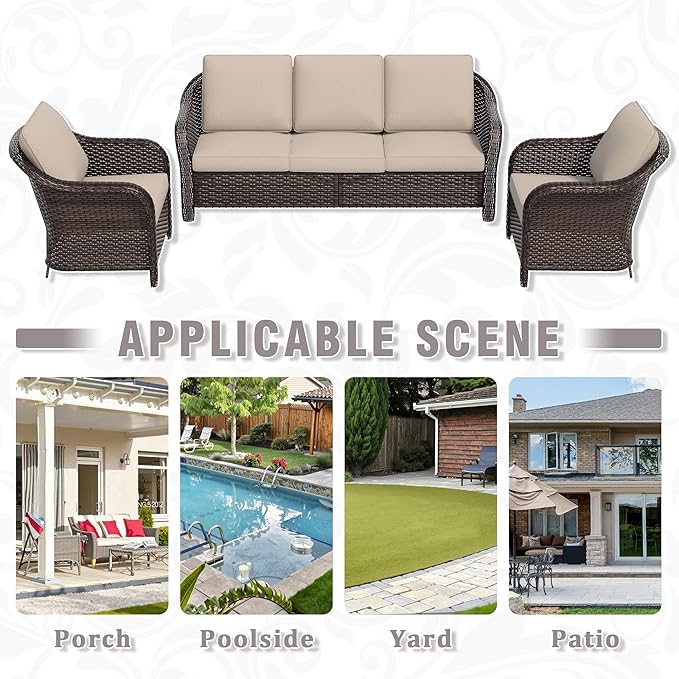 3 Piece Patio Wicker Conversation Set, All-Weather Use Outdoor Wicker Sofa with 2 PE Rattan Chair, Ideal for Porch, Backyard, Balcony, Poolside, Beige