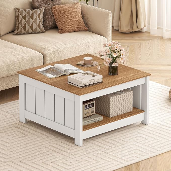 Giantex Farmhouse Coffee Table, 31.5 Inch Square Wood Coffee Table with Storage Shelf, 2-Tier Vintage Center Table with Open Compartment, Rustic Living Room Table for Home Office, Natural