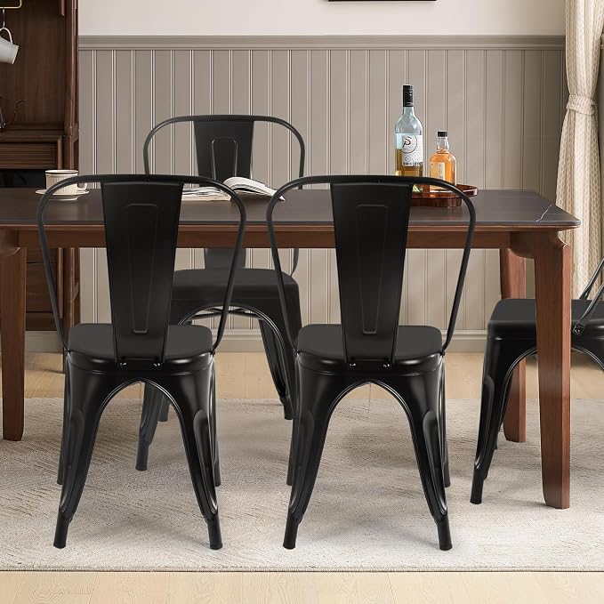 FDW | Metal Dining Chairs | Set of 4 | Black | Stackable Tolix Side Chairs with Backrest | Scratch-Resistant | Non-Slip Feet | Indoor/Outdoor Use | 330 lbs Capacity | for Kitchen & Restaurant - Image 2