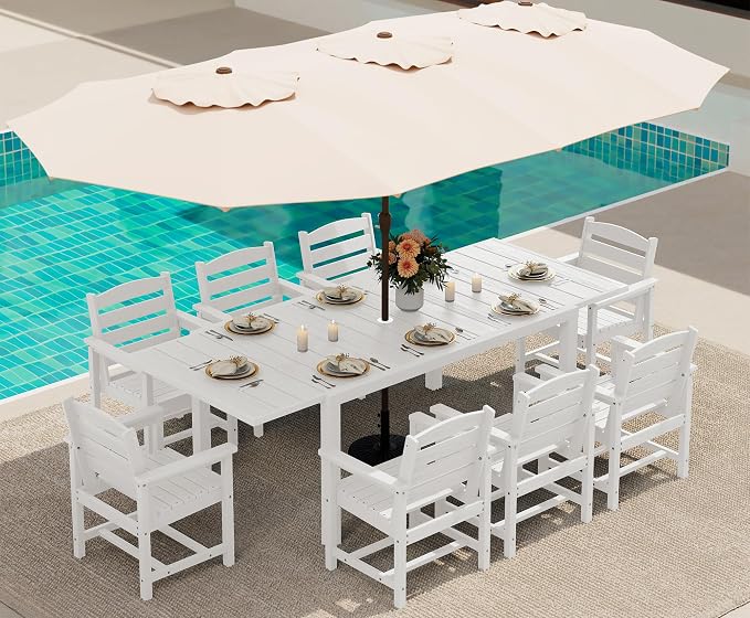SERWALL 10-Piece Patio Dining Sets with 15FT Patio Umbrella, 60" - 83" Expandable Outdoor Dining Table and 8 HDPE Chairs, All Weather HDPE Outdoor Furniture Set (Umbreall Base not Included) by SERWALL