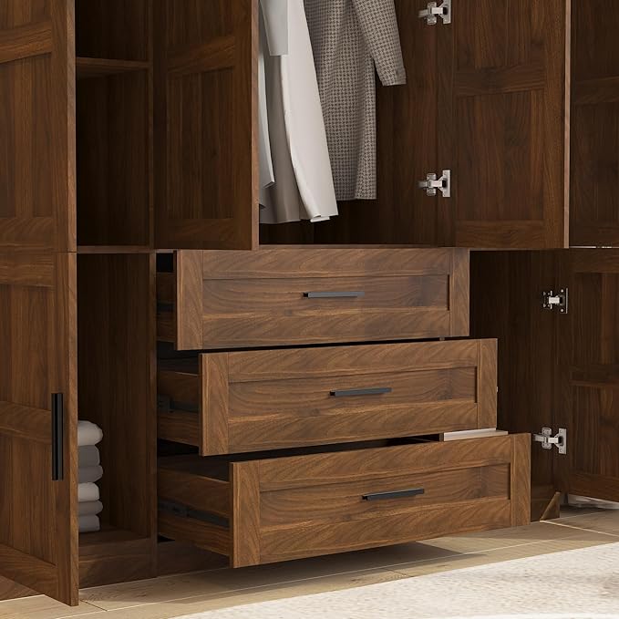 6 Doors Armoire Wardrobe Closet with 3 Big Drawers, 70.8" H Wooden Bedroom Armoires with Shelves and Hanging Rods, Freestanding Clothes Closet Wardrobe Cabinet for Bedroom, Guest Room, Brown