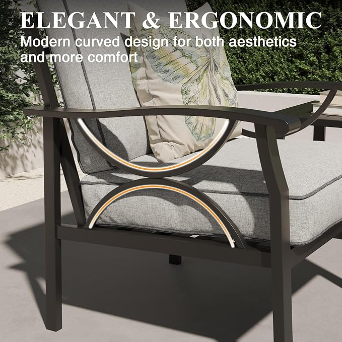RoyalCraft Outdoor Patio Furniture Set, 5 Piece Patio Conversation Set with Coffee Table, Metal Furniture Set for Porch Backyard Garden, Black
