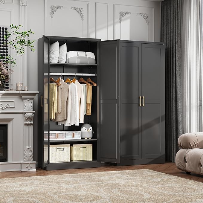 Metal Armoire Wardrobe Closet with 2 Doors, 71" Tall Wardrobe Closet with Doors, Hanging Rod, Drawers and Adjustable Shelves, Black Clothing Storage Cabinets for Bedroom, Home Office