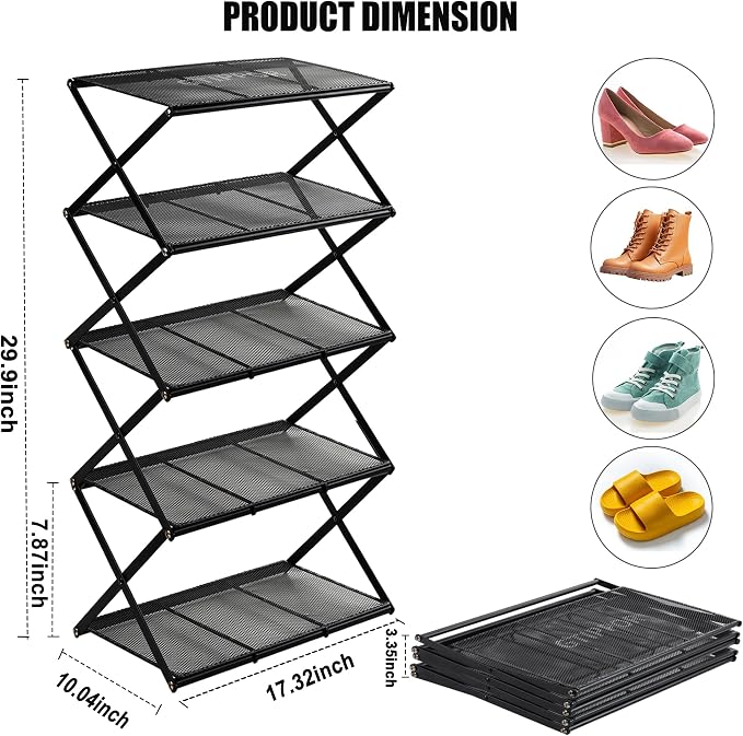 Shoe Rack for Entryway 5 Tier Foldable Shoe Rack Without Assembly Collapsible Metal Shoe Organizer Folding Shoe Storage Rack for Door, Living Room, Black - Image 2