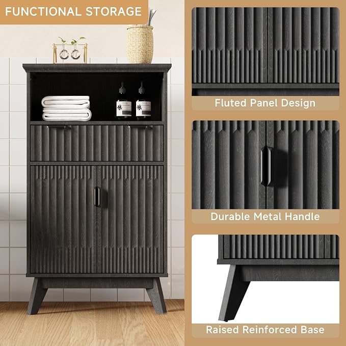 Fatmok Buffet Cabinet with Storage, 40" Modern Fluted Coffee Bar Cabinet with Drawer & Open Shelf, Wood Buffet Sideboard Console Table for Entryway, Kitchen, Living Room (Black) - Image 4