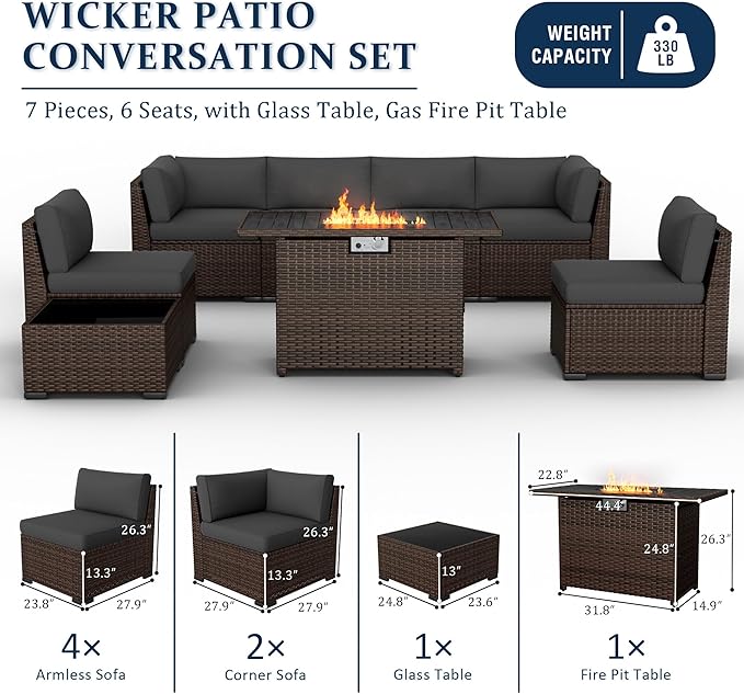 8 Pieces Outdoor Patio Furniture Set with 44" Fire Pit Table Rattan Sectional Conversation Sets w/Gas Fire Pit, Coffee Table, 1 Waterproof Covers, Dark Grey