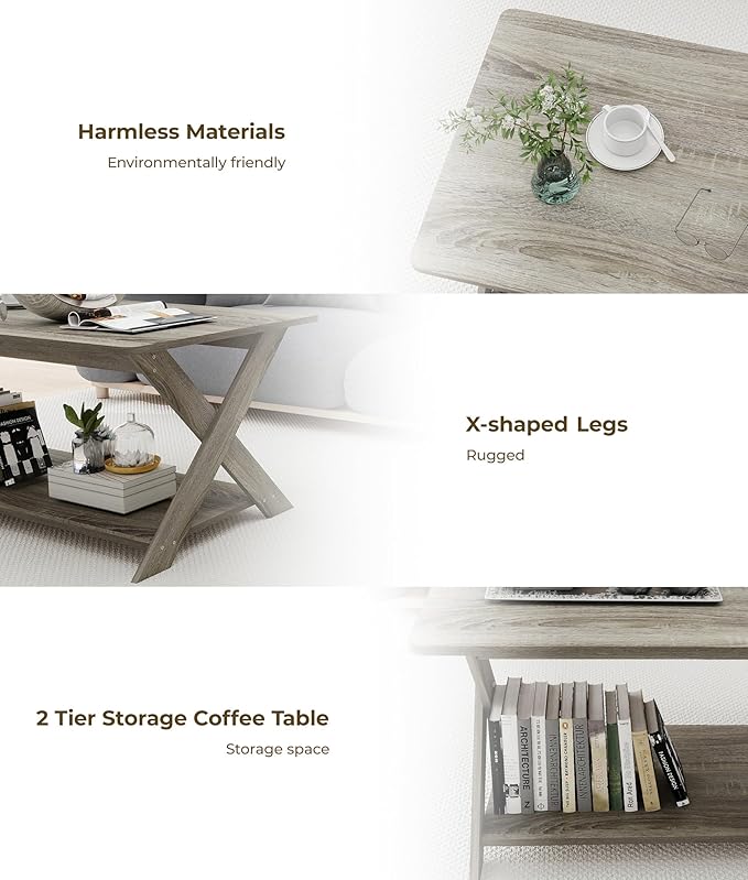 Modern Coffee Table with Storage Shelf, Simple Rectangular Tea Tables for Living Room Bedroom Home Office French Oak Grey