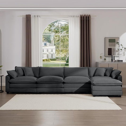 KEIKI 150" L-Shaped Oversized Corduroy Modular Sectional Sofa with 1 Ottoman, High-Density Foam Cushions, Removable Armrests, Upholstered 4-Seater Corner Couch with 6 Pillow, for Living Room, Grey