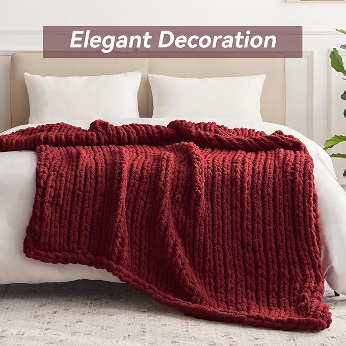 Negwoo Chunky Knit Throw Blanket, 50''*60'' Knitted Throw Chenille Yarn for Bed Couch, Handmade Red Crochet Big Thick Blanket, Machine Washable Cute Comfy Blanket for Home Decor