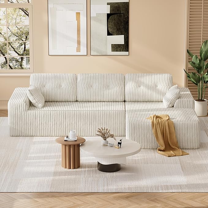 Ball & Cast 106" Modular Sectional Sofa,Cloud Corduroy Couch with Deep Seat,Boneless L-Shaped Sectional,Modern Comfort Upholstered Sofa for Living Room,No Assembly Required (Beige,Right Facing Chaise)