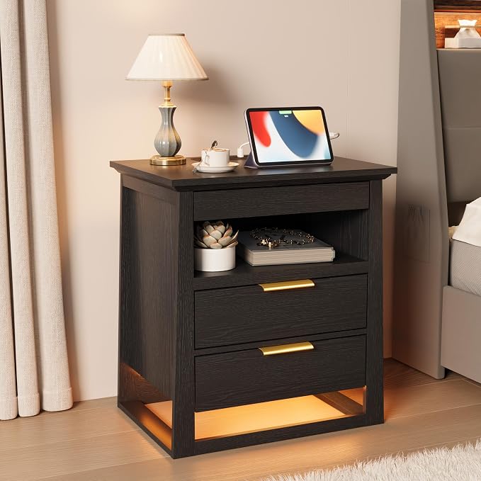 Rresyet 3 Drawer Nightstand with Charging Station & LED Lights & Open Shelf, Modern Night Stand with Storage, Wooden Bedside Table for Bedroom Room, Office (Black) - Image 7