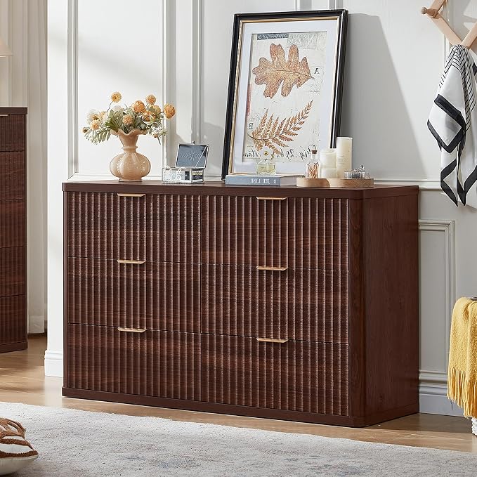 LEYAOYAO Fluted 6 Drawers Dresser Set of 2, 48" Wide Modern Chest of Drawers with Metal Handle, Walnut Curved Profile Dresser TV Stand, Wooden Drawer Organizer for Bedroom, Living Room, Hallway - Image 5