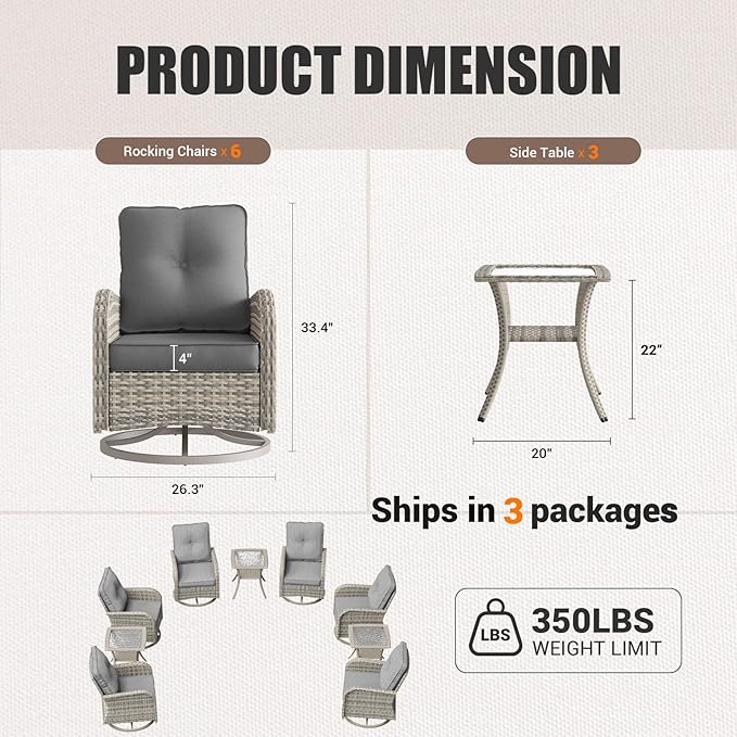 9-Piece Patio Rocking Swivel Chair Outdoor Wicker Rattan Bistro Set with Tempered Glass Side Table, Outdoor Patio Furniture Set for Garden, Deck, and Balcony, Grey