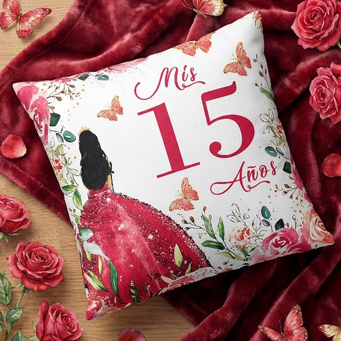 Kathfly Cojines para 15 Años De Quinceañera Decoration 16 x 16 Inche Red Quinceañera Pillow Gifts Mis Xv Años Throw Pillow Sweet for Daughter Sister Friend 15th Birthday Gifts