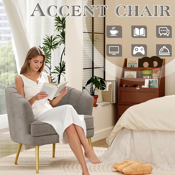 Andeworld Velvet Accent Chair Set of 2, Upholstered Modern Single Sofa Side Chair,Comfy Barrel Club Living Room Armchair with Golden Metal Legs for Bedroom Living Reading Room Office, Grey