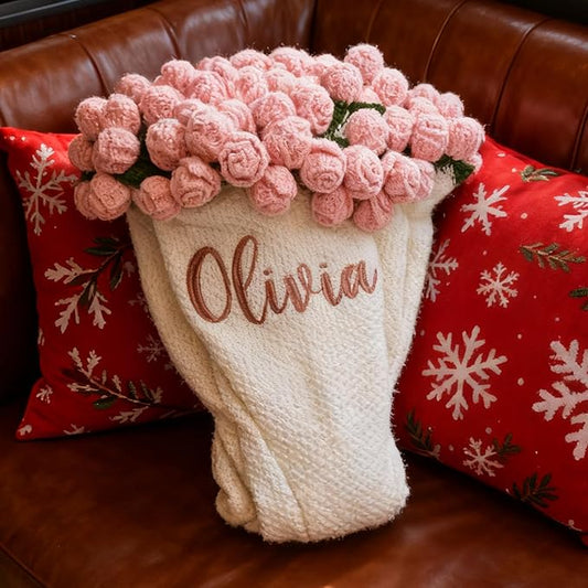 Personalized Handmade Crochet Rose Flower Blanket Bouquet – Custom Name Gift for Mother's Day, Valentine’s Day, Mom or Girlfriend（Pink）