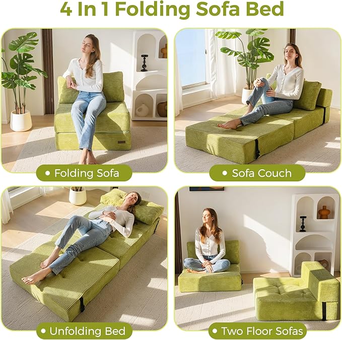 MAXYOYO Folding Sofa Bed, Convertible Sofa Bed with High-Density Support Foam, Portable 4 in 1 Fold Out Chair to Floor Lounger, Versatile Floor Couch for Living Room Bedroom, Green