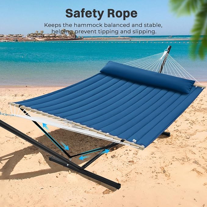 SUPERJARE Hammock with Stand, 2 Person Quilted Outdoor Hammock, Detachable Pillow & Bamboo Spreaders, Portable Hammock with Carrying Bag, Heavy Duty Stand, Perfect for Outside, Patio, Navy Blue - Image 5