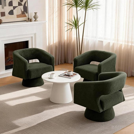 ClinQ Swivel Barrel Accent Chair, Oversized Teddy Upholstered Round Swivel Chairs Set of 3, Modern Luxury 360° Living Room Vanity Chair for Bedroom Office&Living Room, Green