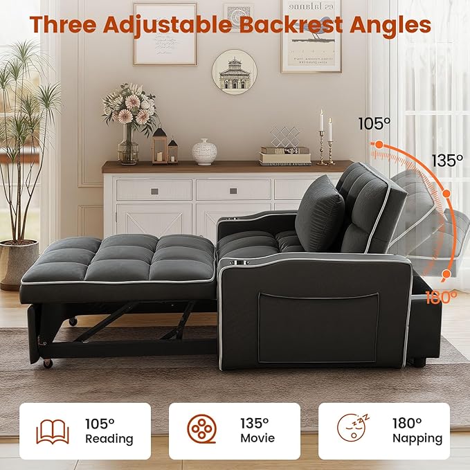 Sleeper Chair, Convertible Pull Out Chair Sleeper with Bracket and Cup Holder, Chairs Bed Sleepers for Adults, 3 in 1 Sofa Bed Chairs for Small Spaces, Living Room, Black