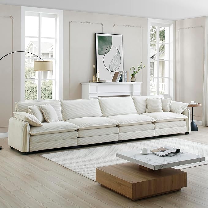KEIKI 150" Oversized Corduroy Modular Sectional Cloud Sofa with High-Density Foam Cushions, Removable Armrests, Upholstered Modern 4-Seater Fluffy Corner Couch with 6 Pillow, for Living Room, Beige