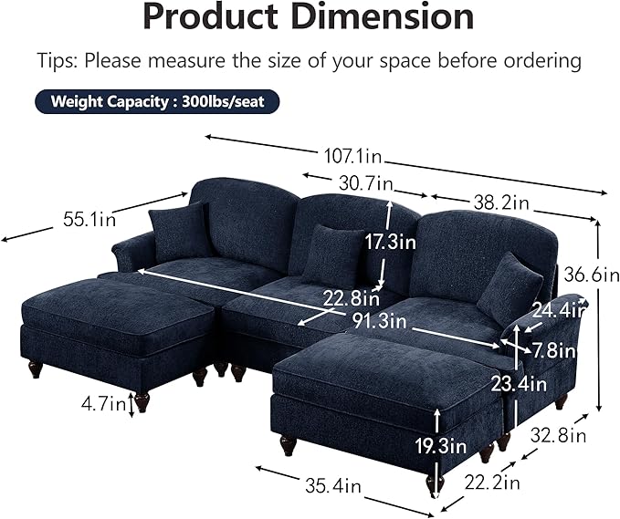 KEIKI Mid Century Modular Sofa with Flared Arms and Skirted Design, 107” Oversized 3-Seater with 2 Ottomans Luxury Chenille U-Shaped Sectional Couches for Living Room, Chaise Lounge Indoor, Blue