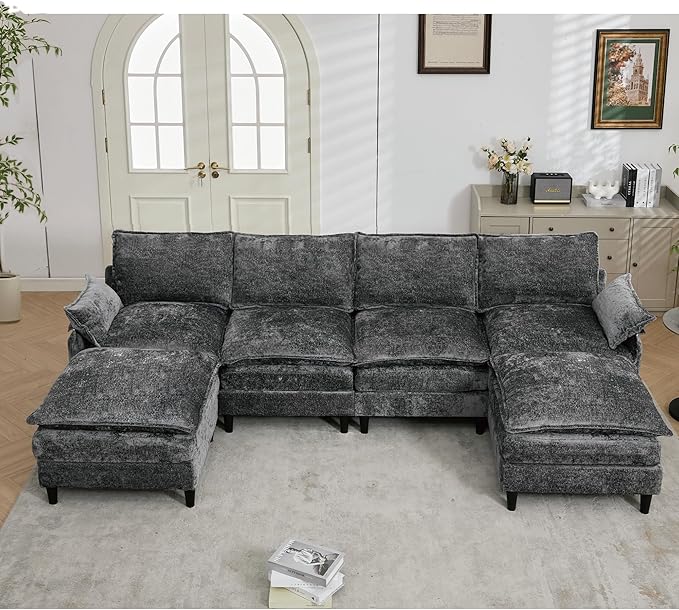 121-Inch U-Shaped Sectional Cloud Sofa Oversized Modular 6 Seaters Sofa Couch with 2 Ottoman Chaise and Pillow Armrest, Chenille Upholstered Convertible Cloud Couch