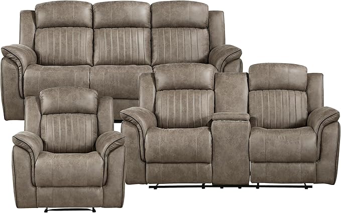 Lexicon Recliner Living Room Set, Home Theater Seating, Manual Polished Microfiber Upholstery Recliner Sofas, RV Couch Including Double Reclining Sofa, Loveseat and Chair, 3-Piece Set, Sandy Brown