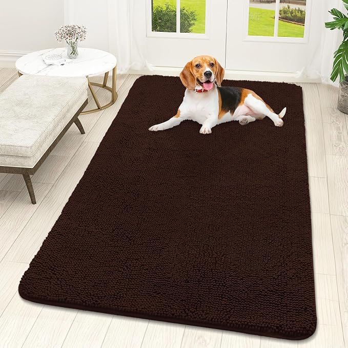 OLANLY Dog Door Mat for Muddy Paws 59x32, Absorbs Moisture and Dirt, Absorbent Non-Slip Washable Doormat, Quick Dry Chenille Mud Mat for Dogs, Entry Indoor Entryway Carpet for Inside Floor, Brown by OLANLY