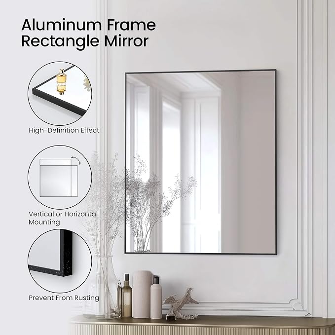KIBI 36" x 30" Shatterproof Wall Mount Metal Frame Mirror – Horizontal or Vertical Hanging, Modern Rectangular Vanity Mirror for Bathroom, Entryway, or Living Room (Matte Black, FM1-3630MB) - Image 5